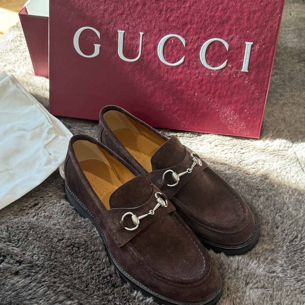 Gucci Men's Dark Brown Suede Loafers with Silver Accents